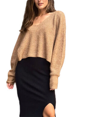 Aritzia The Group Babaton Tessin oversize cropped sweater heather natural tan XS